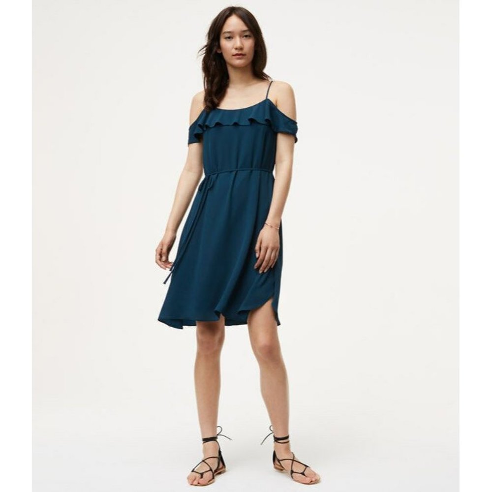 NWT ANN TAYLOR LOFT GREEN PRUSIAN COLD SHOULDER RUFFLE SLEEVE SHIFT DRESS SZ: M